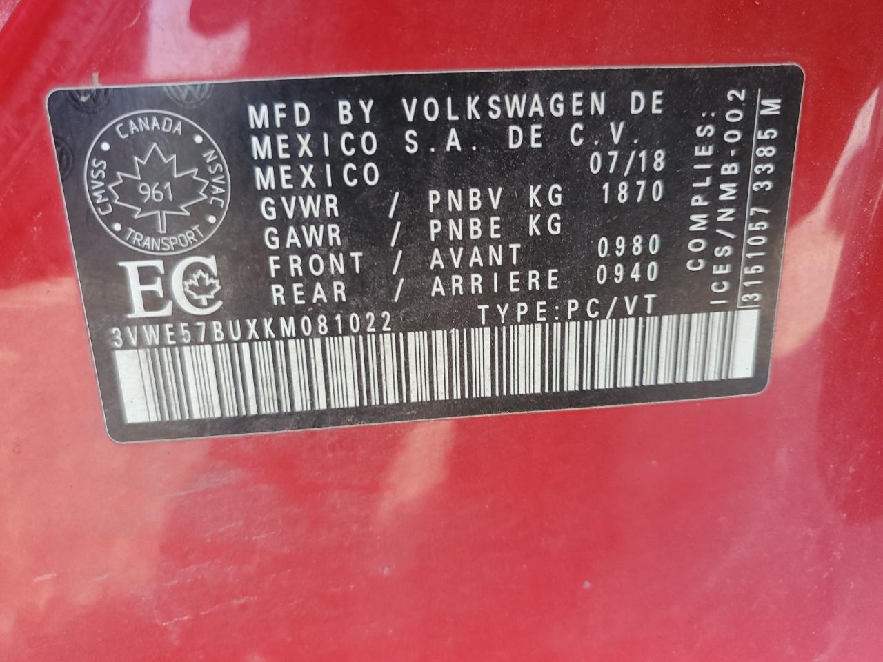 2019 Volkswagen Jetta Sel VIN: 3VWE57BUXKM081022 Lot: 85482955