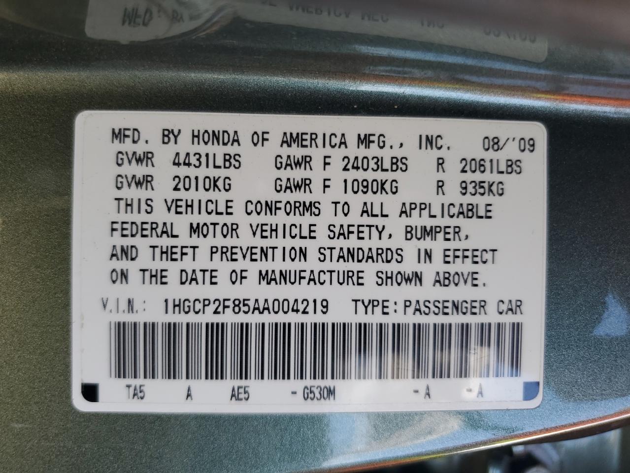2010 Honda Accord Exl VIN: 1HGCP2F85AA004219 Lot: 81940385