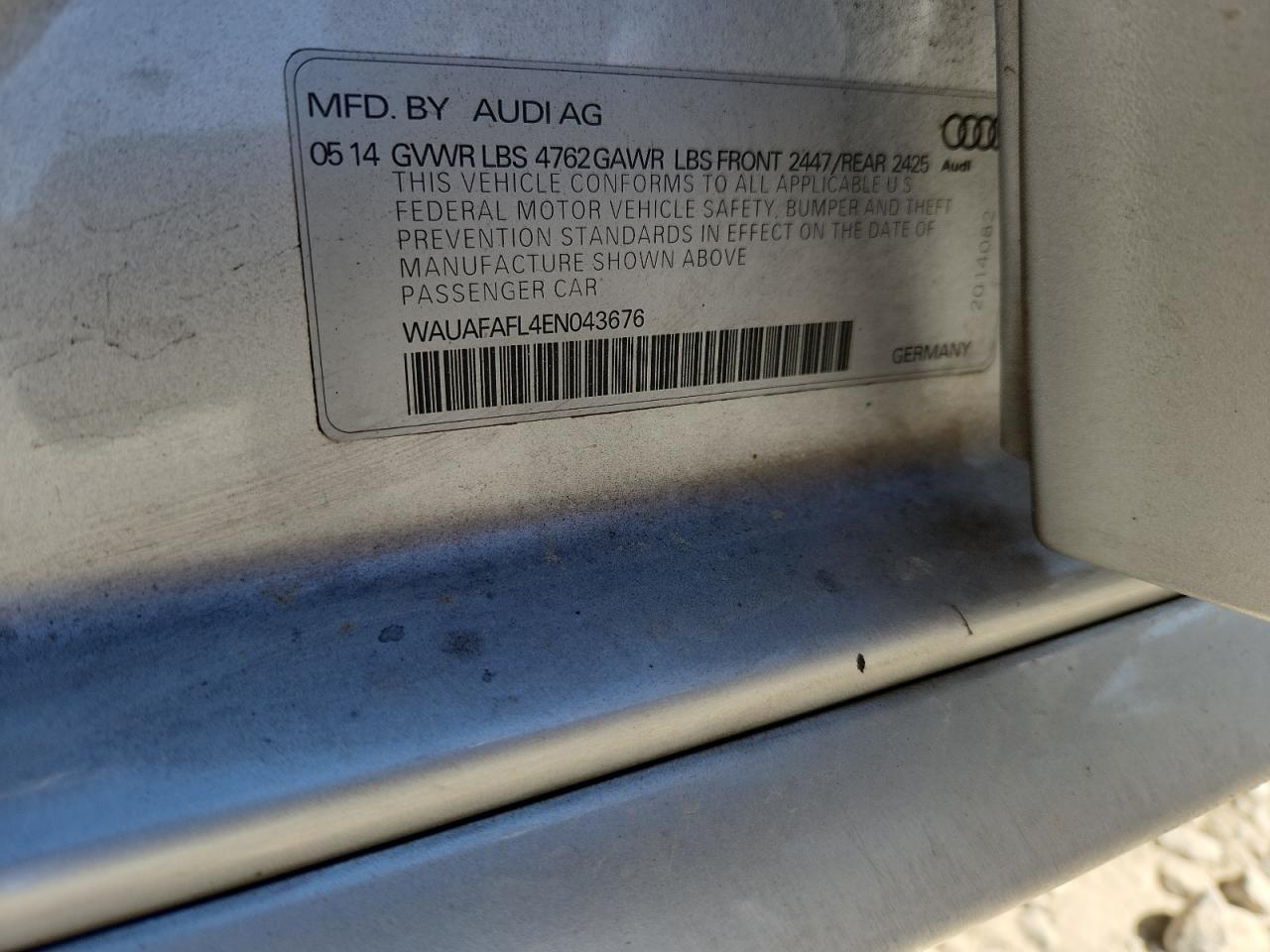 2014 Audi A4 Premium VIN: WAUAFAFL4EN043676 Lot: 86782085