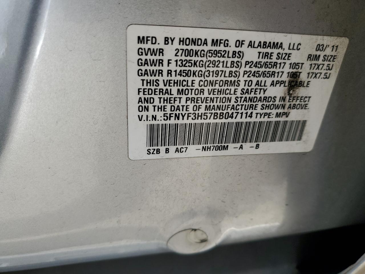 2011 Honda Pilot Exl VIN: 5FNYF3H57BB047114 Lot: 85380395