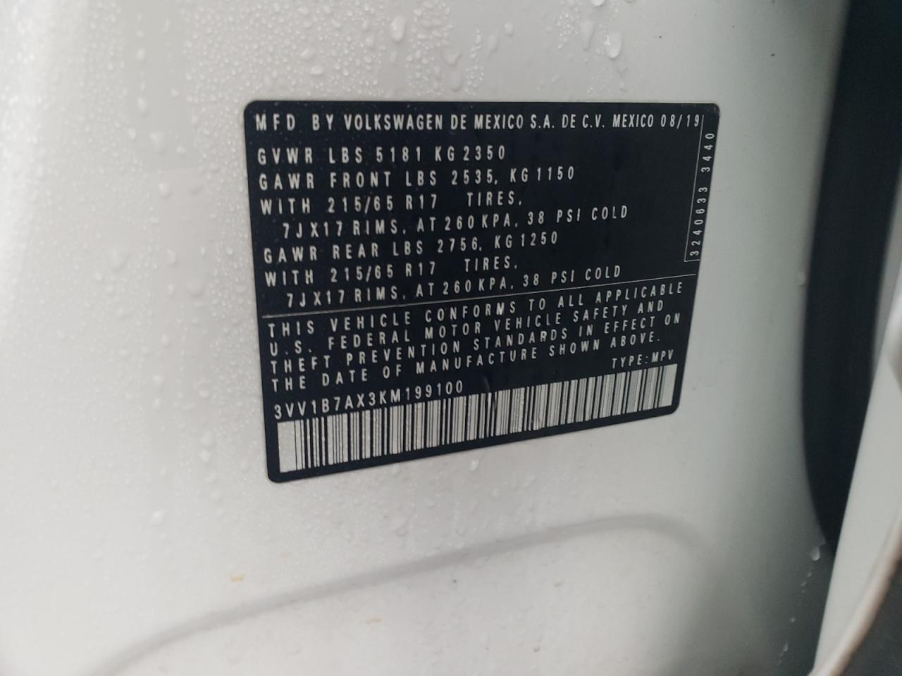 2019 Volkswagen Tiguan S VIN: 3VV1B7AX3KM199100 Lot: 90355855