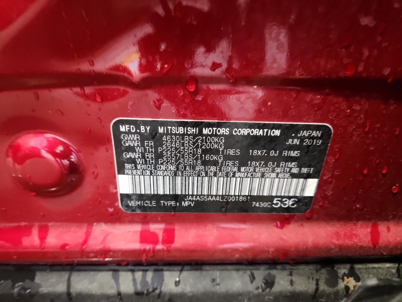 2020 Mitsubishi Eclipse Cross VIN: JA4AS5AA4LZ001861 Lot: 82328005