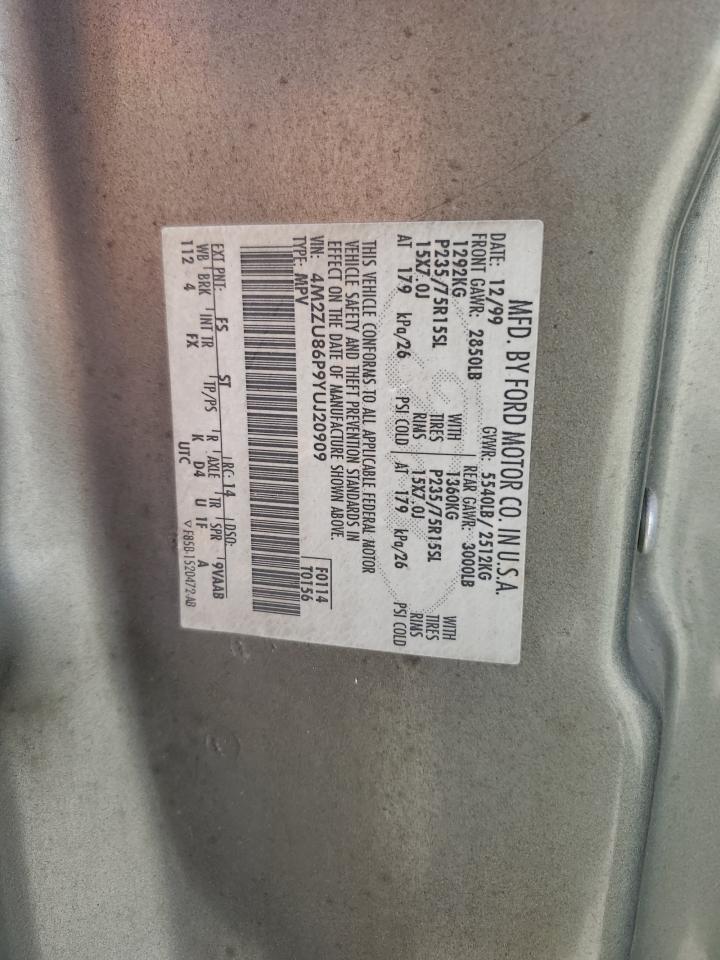 2000 Mercury Mountaineer VIN: 4M2ZU86P9YUJ20909 Lot: 86995765