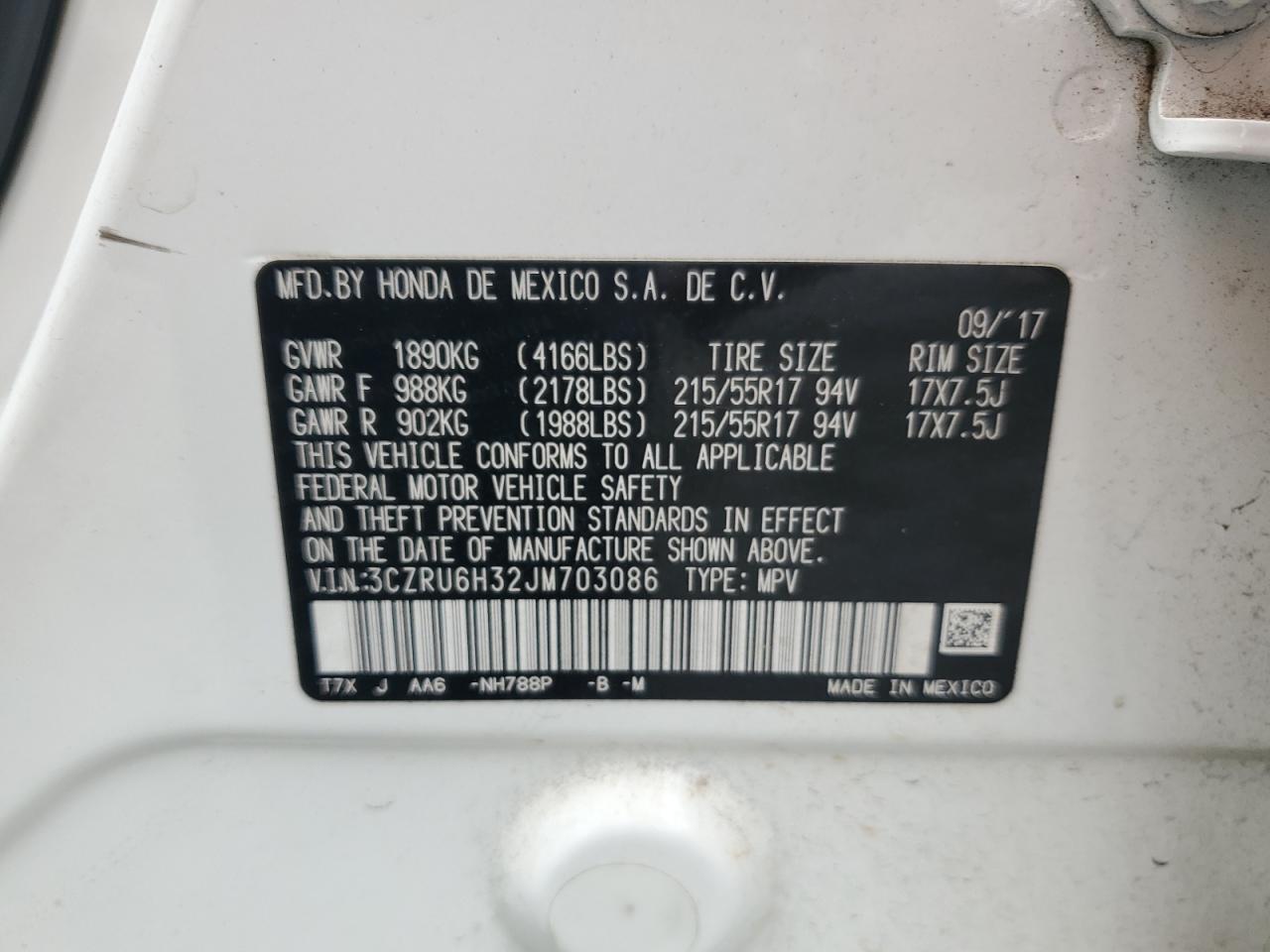 2018 Honda Hr-V Lx VIN: 3CZRU6H32JM703086 Lot: 82182135