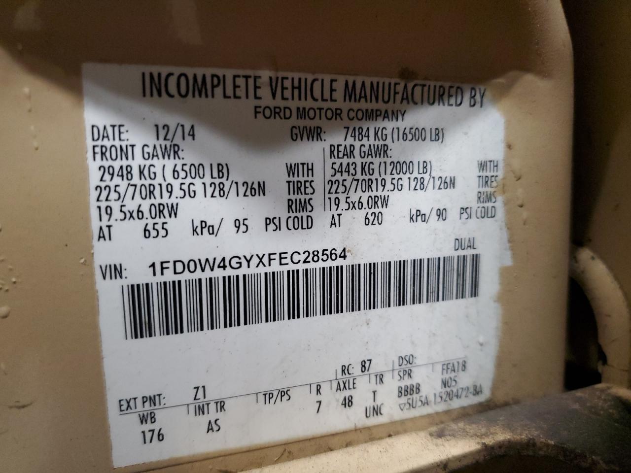 2015 Ford F450 Super Duty VIN: 1FD0W4GYXFEC28564 Lot: 85170615