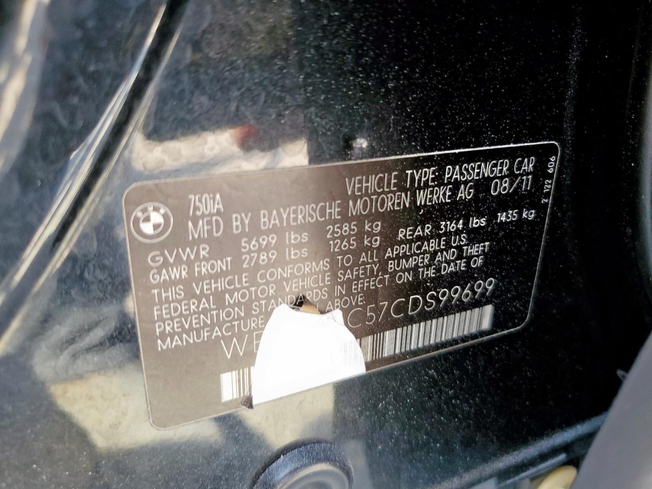 2012 BMW 750 I VIN: WBAKA8C57CDS99699 Lot: 82007895