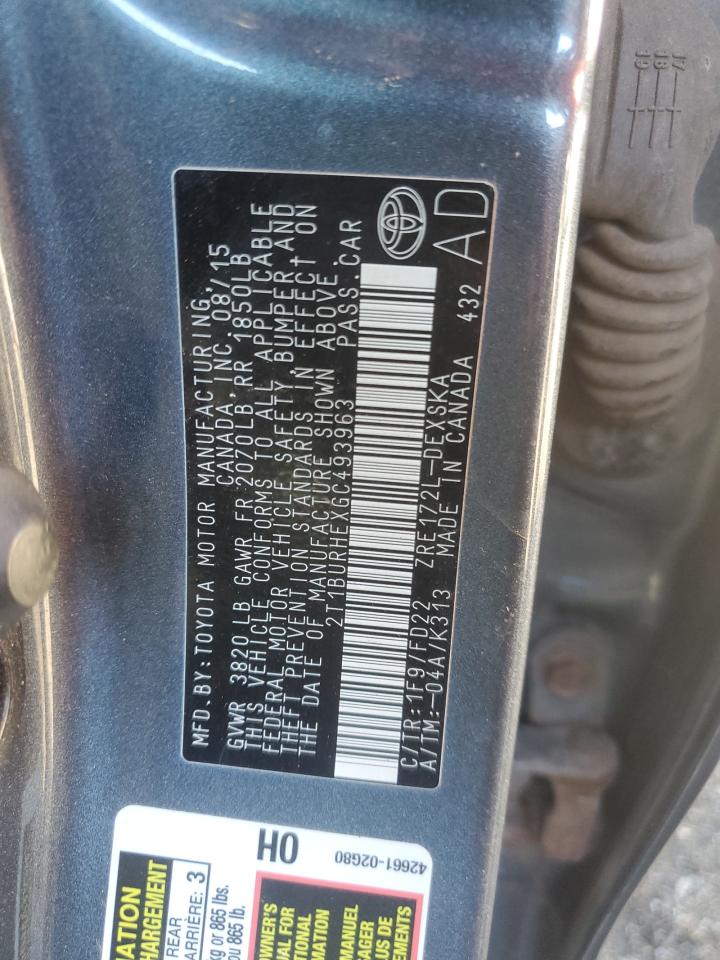 2016 Toyota Corolla L VIN: 2T1BURHEXGC493963 Lot: 87256505