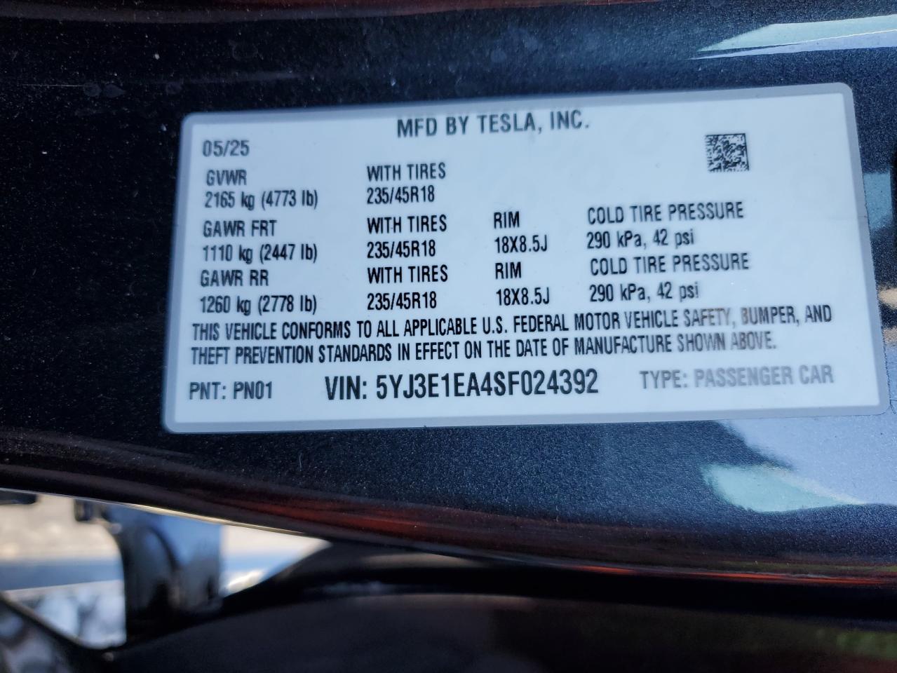 2025 Tesla Model 3 VIN: 5YJ3E1EA4SF024392 Lot: 86263795