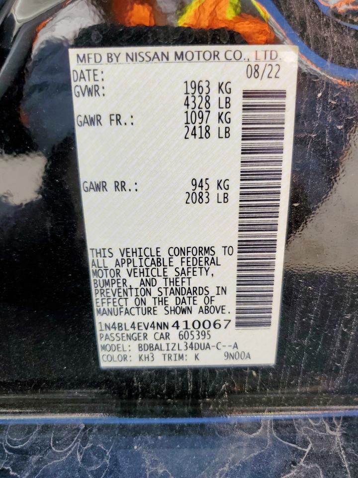 2022 Nissan Altima Sl VIN: 1N4BL4EV4NN410067 Lot: 84284635