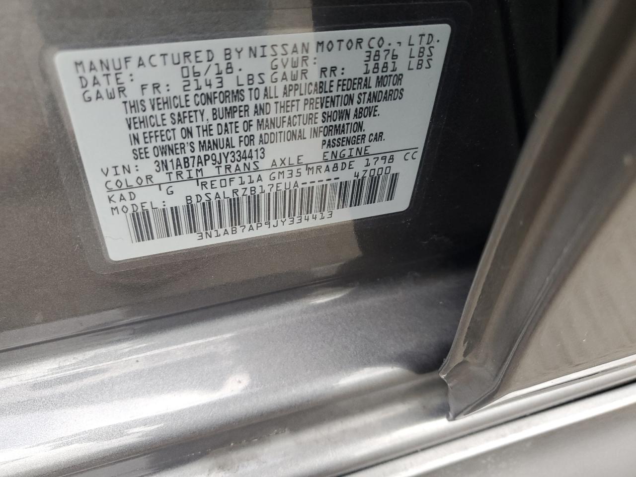 2018 Nissan Sentra S VIN: 3N1AB7AP9JY334413 Lot: 82208865