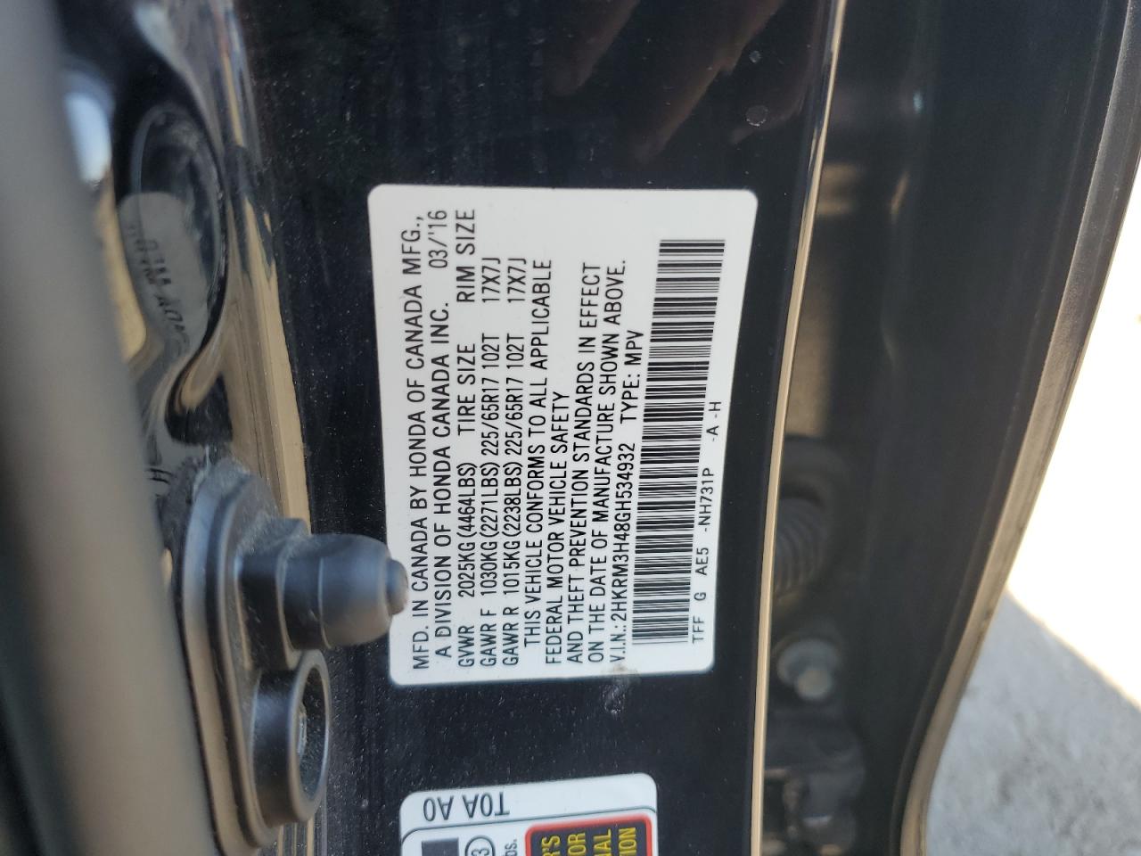 2016 Honda Cr-V Se VIN: 2HKRM3H48GH534932 Lot: 82751745