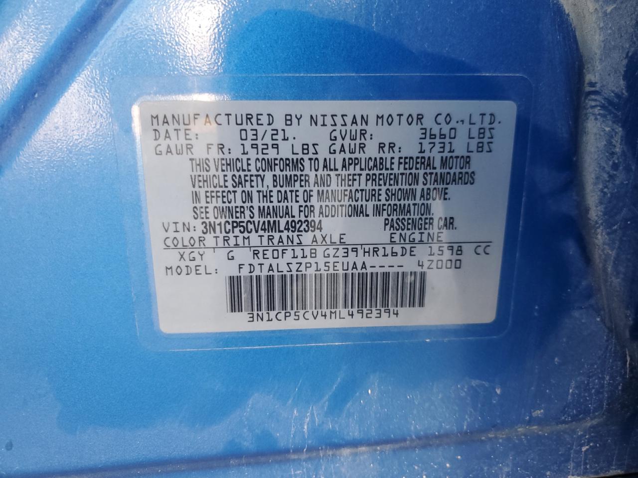 2021 Nissan Kicks Sv VIN: 3N1CP5CV4ML492394 Lot: 84521855