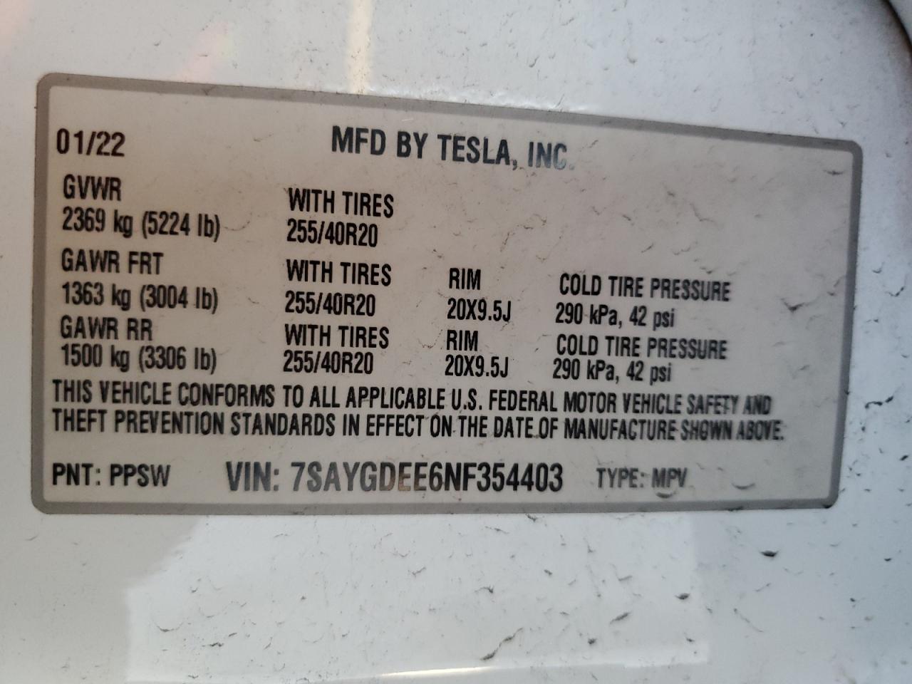 2022 Tesla Model Y VIN: 7SAYGDEE6NF354403 Lot: 82454845