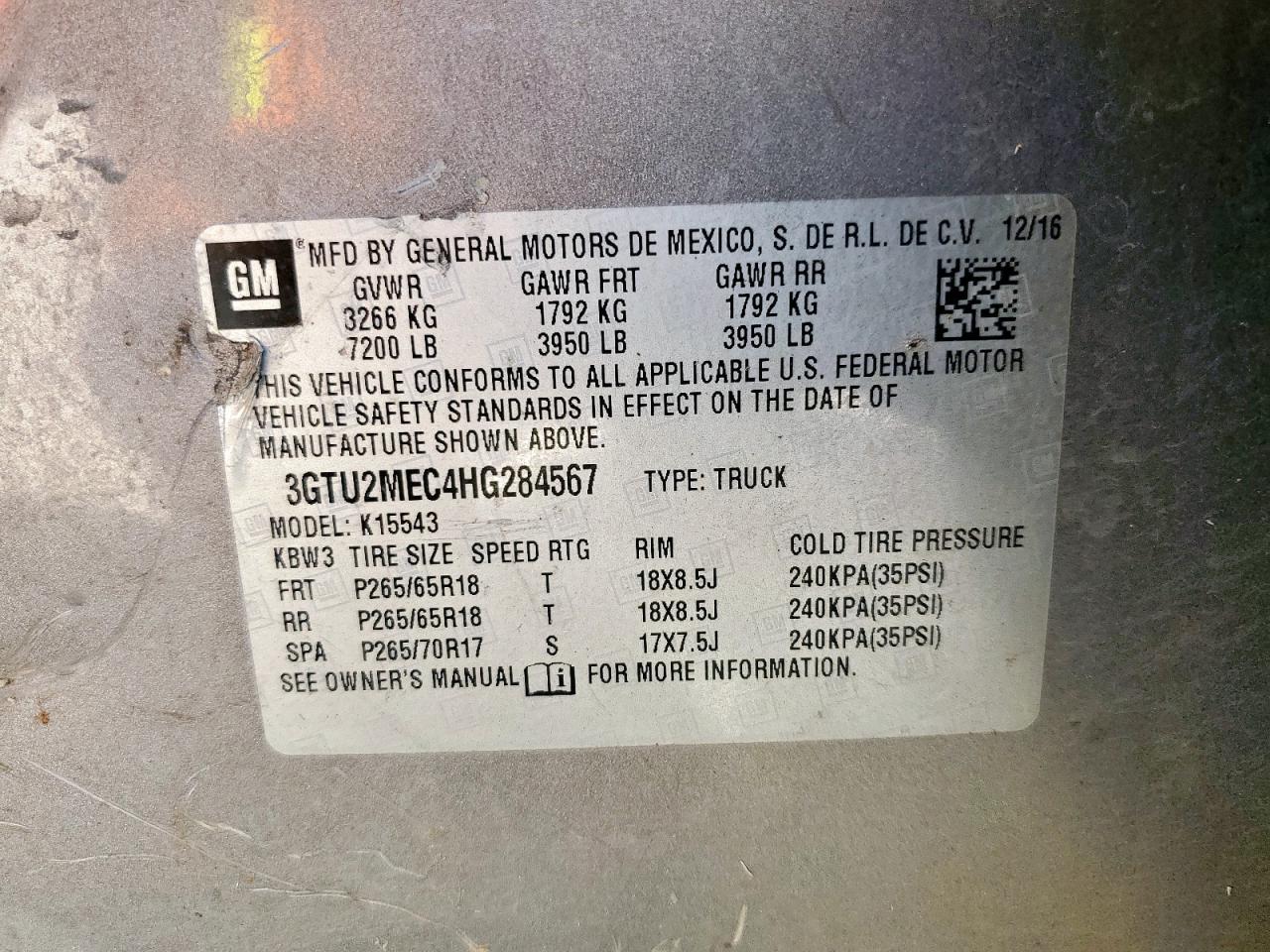 2017 GMC Sierra K1500 Sle VIN: 3GTU2MEC4HG284567 Lot: 82427965