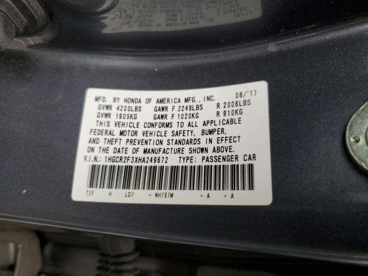 2017 Honda Accord Lx VIN: 1HGCR2F3XHA249672 Lot: 85587435