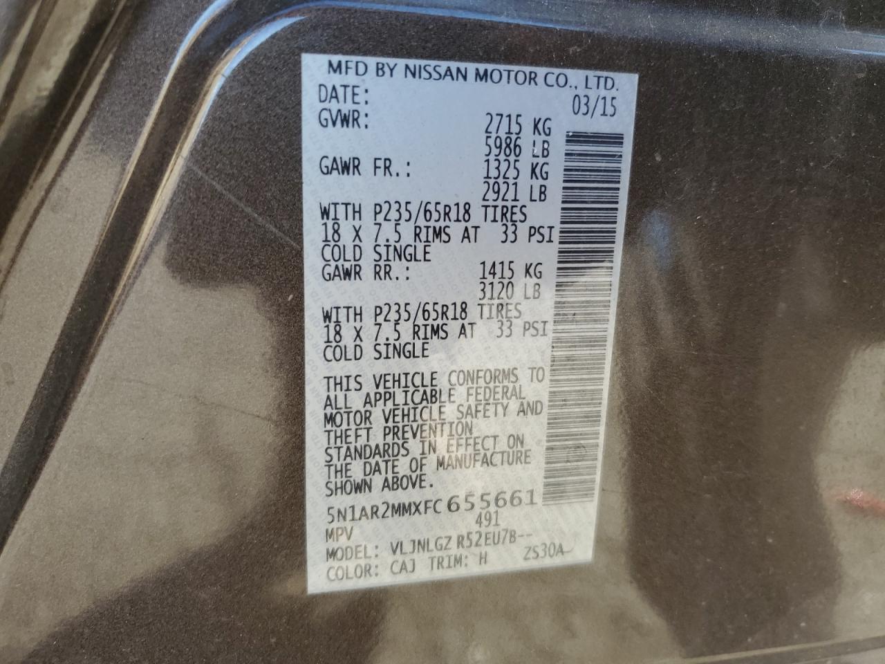 2015 Nissan Pathfinder S VIN: 5N1AR2MMXFC655661 Lot: 84902225