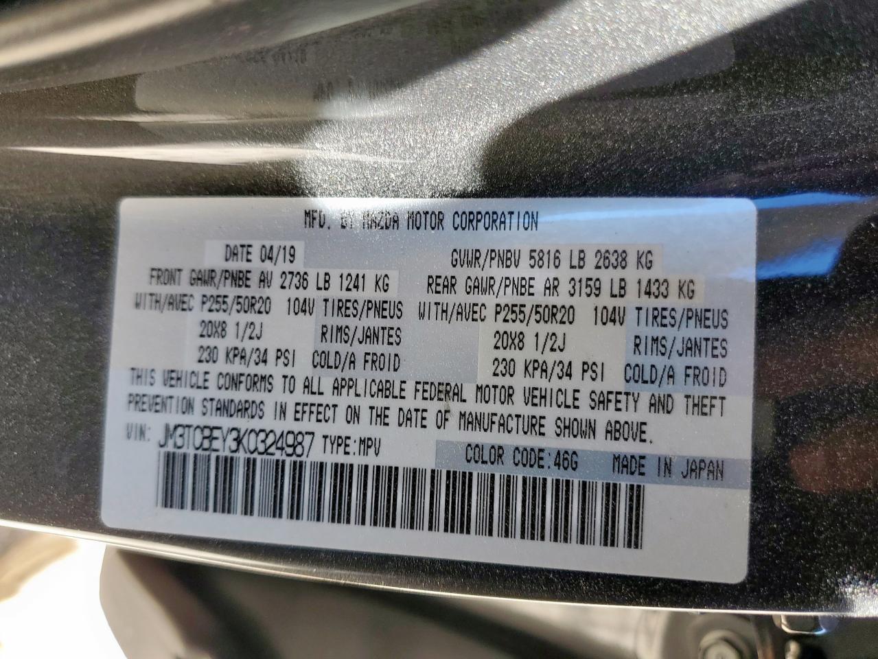 2019 Mazda Cx-9 Signature VIN: JM3TCBEY3K0324987 Lot: 90645905