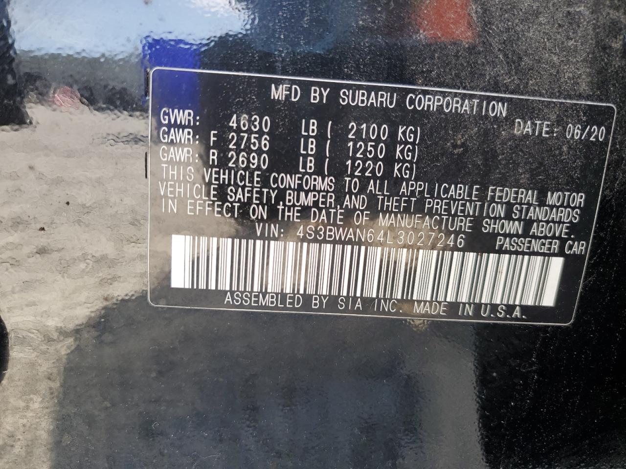 2020 Subaru Legacy Limited VIN: 4S3BWAN64L3027246 Lot: 85110845