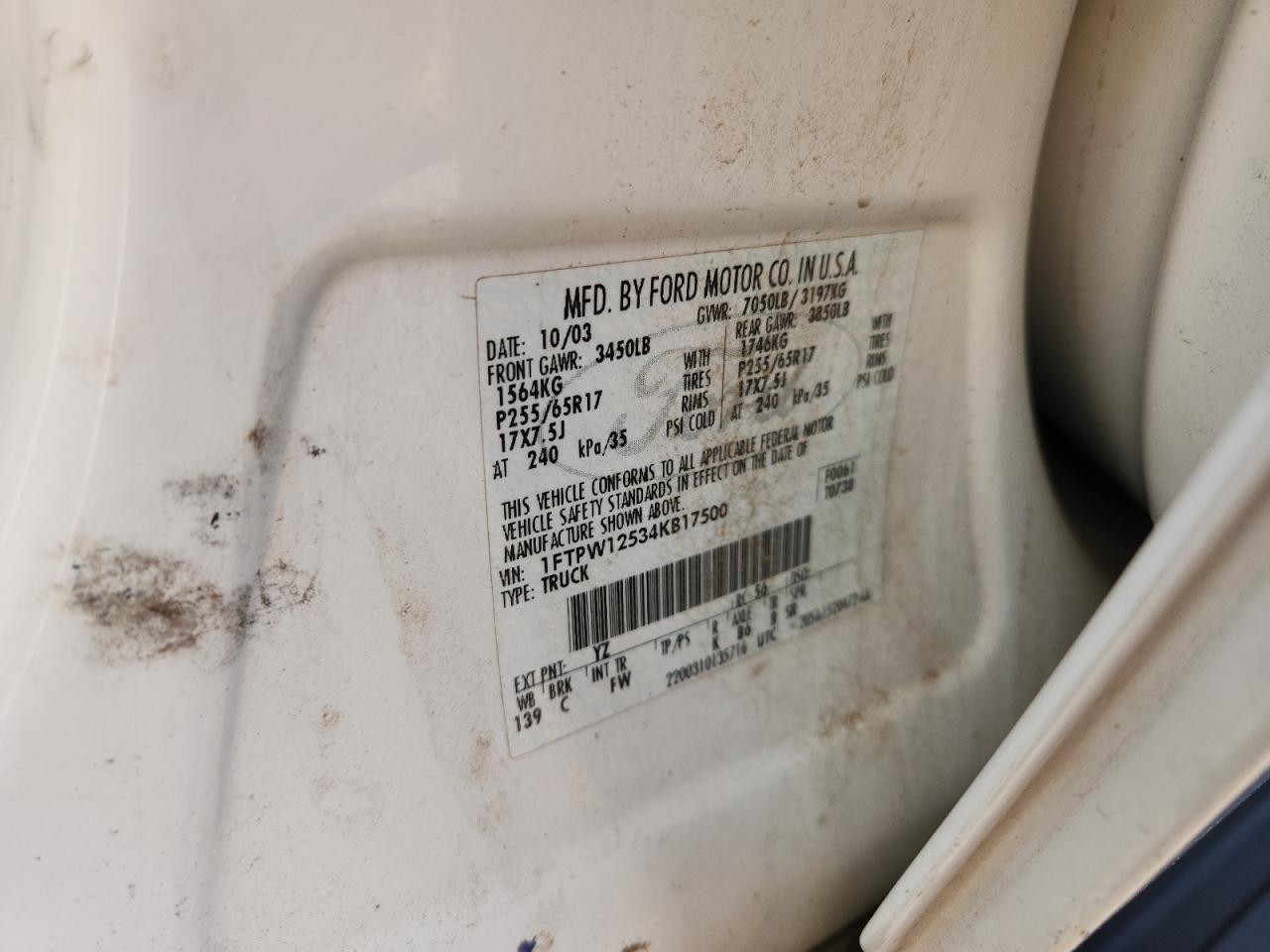 2004 Ford F150 Supercrew VIN: 1FTPW12534KB17500 Lot: 86862865