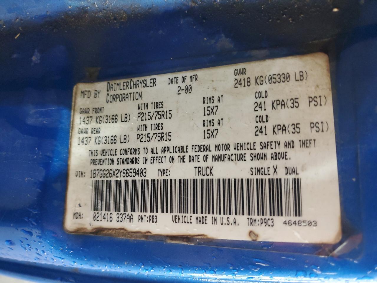 2000 Dodge Dakota VIN: 1B7GG26X2YS659403 Lot: 86785285