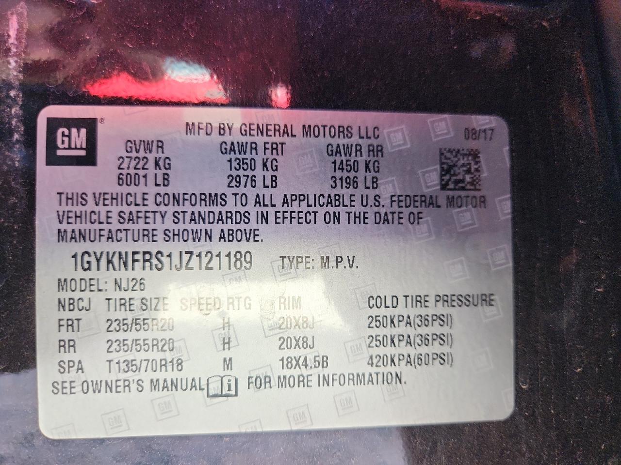 2018 Cadillac Xt5 Premium Luxury VIN: 1GYKNFRS1JZ121189 Lot: 85720915