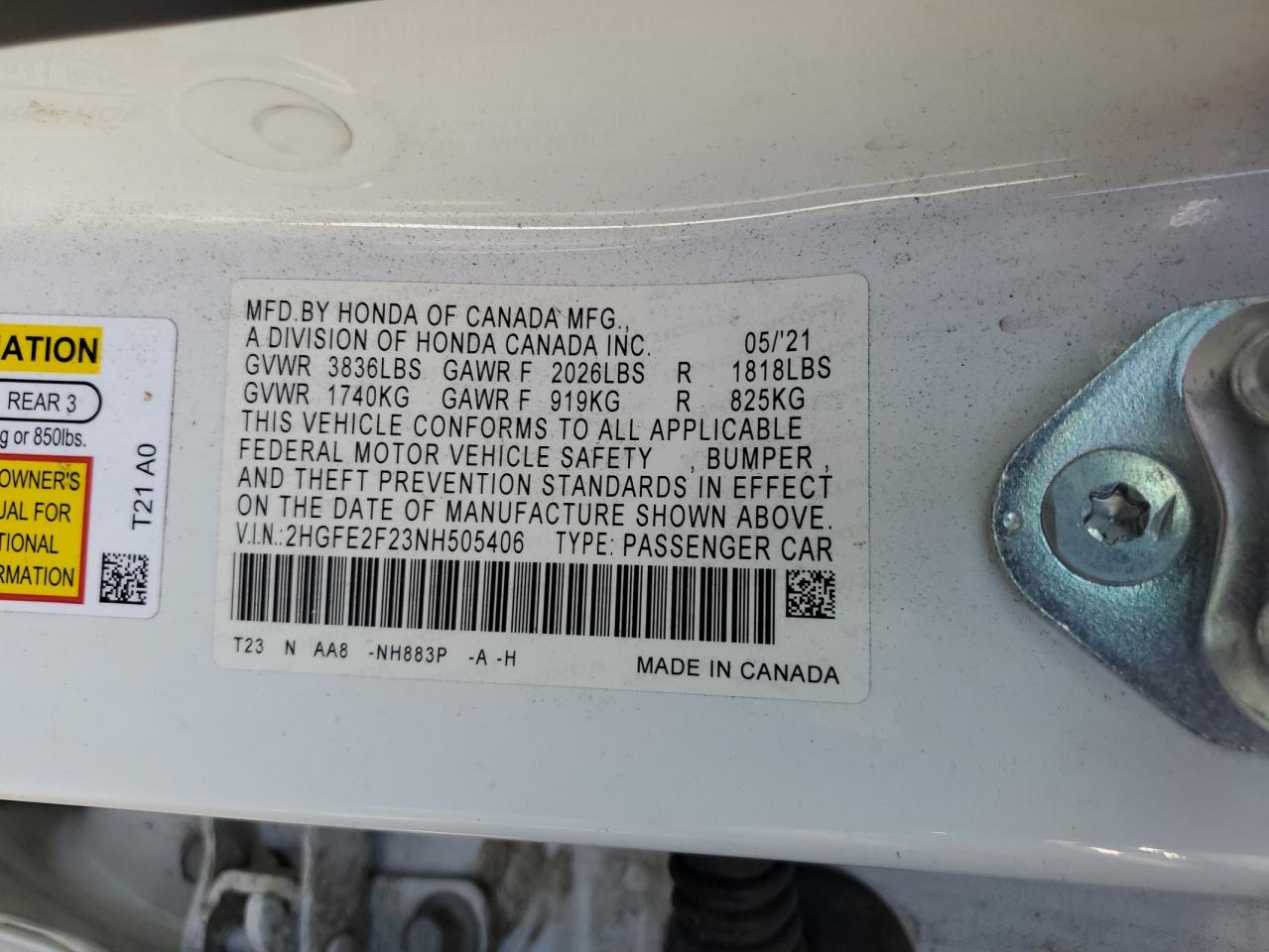 2022 Honda Civic Lx VIN: 2HGFE2F23NH505406 Lot: 85650925