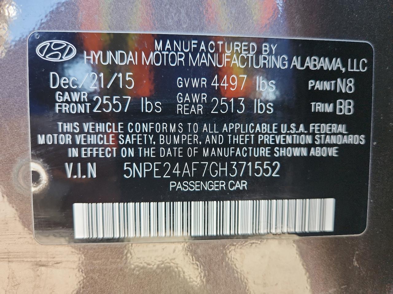 2016 Hyundai Sonata Se VIN: 5NPE24AF7GH371552 Lot: 84923165