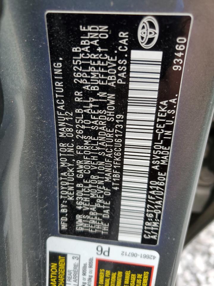 2012 Toyota Camry Base VIN: 4T1BF1FK6CU617319 Lot: 84812755