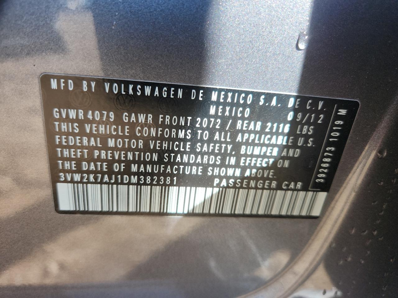 2013 Volkswagen Jetta Base VIN: 3VW2K7AJ1DM382381 Lot: 84917105