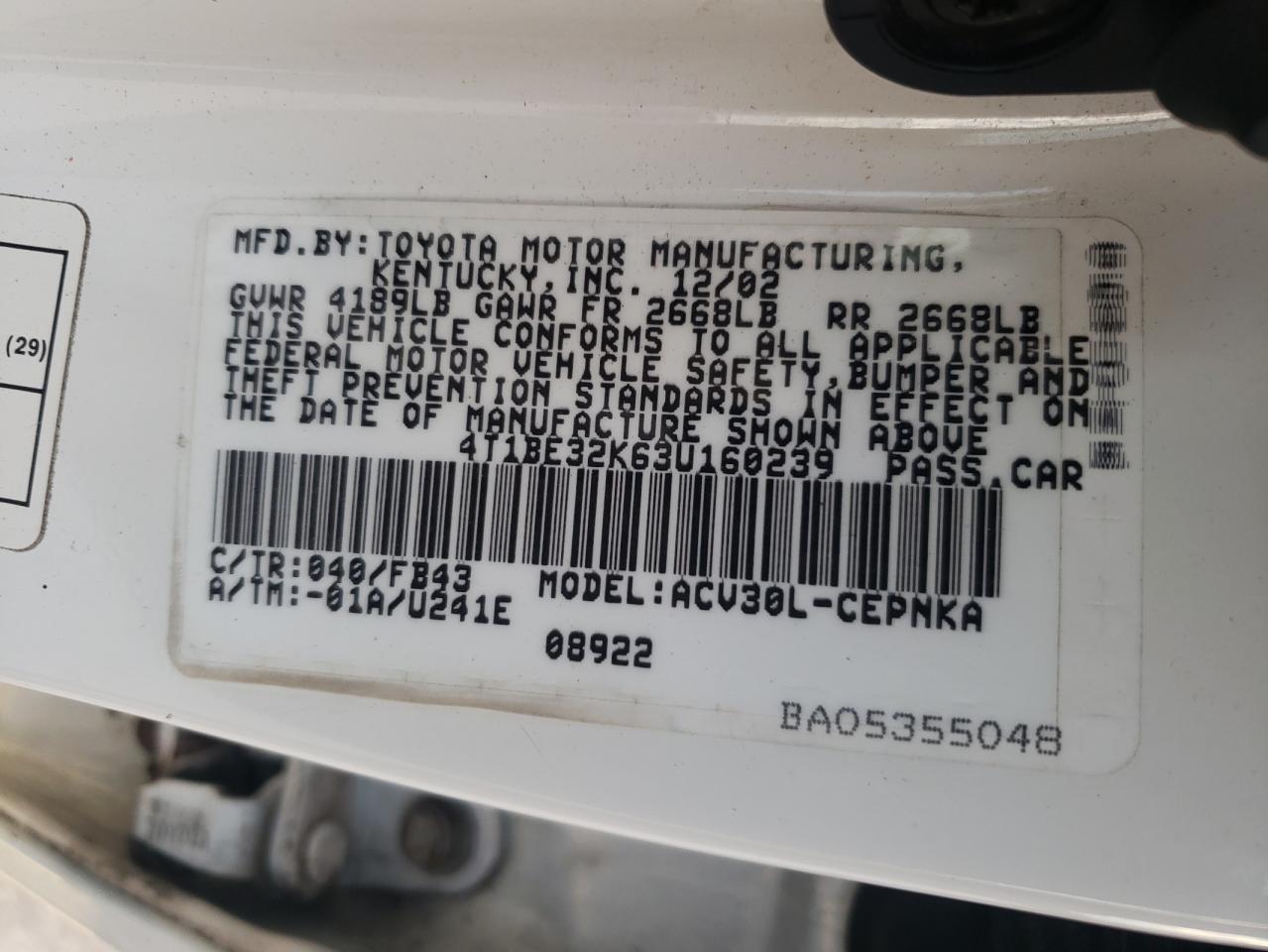 2003 Toyota Camry Le VIN: 4T1BE32K63U160239 Lot: 84775245