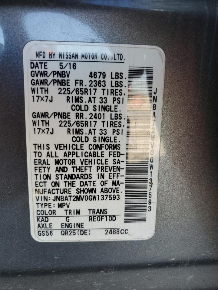 2016 Nissan Rogue S VIN: JN8AT2MV0GW137593 Lot: 86056565