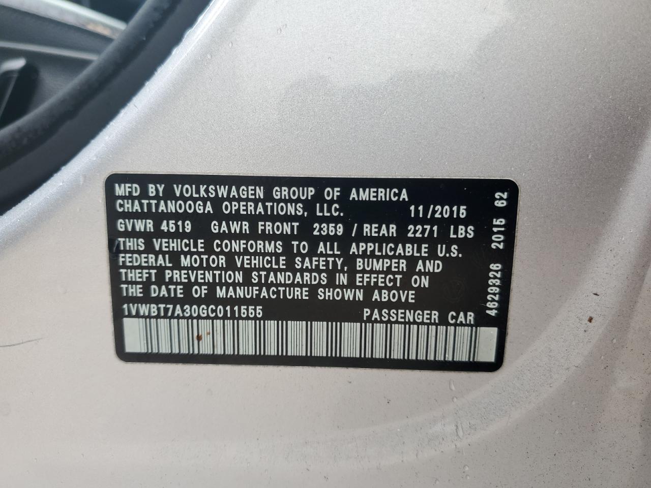 2016 Volkswagen Passat Se VIN: 1VWBT7A30GC011555 Lot: 86231755