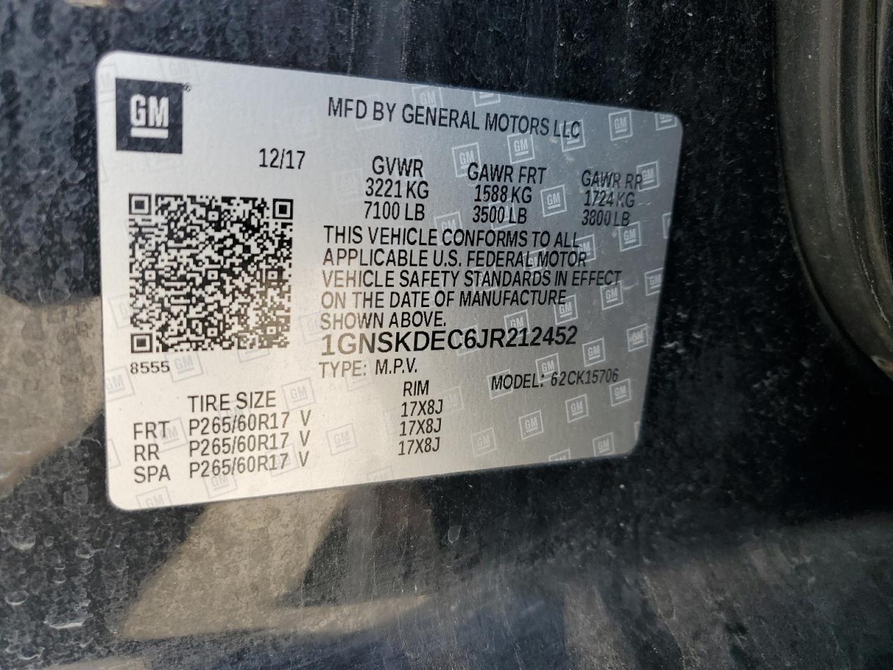 2018 Chevrolet Tahoe Police VIN: 1GNSKDEC6JR212452 Lot: 85390375