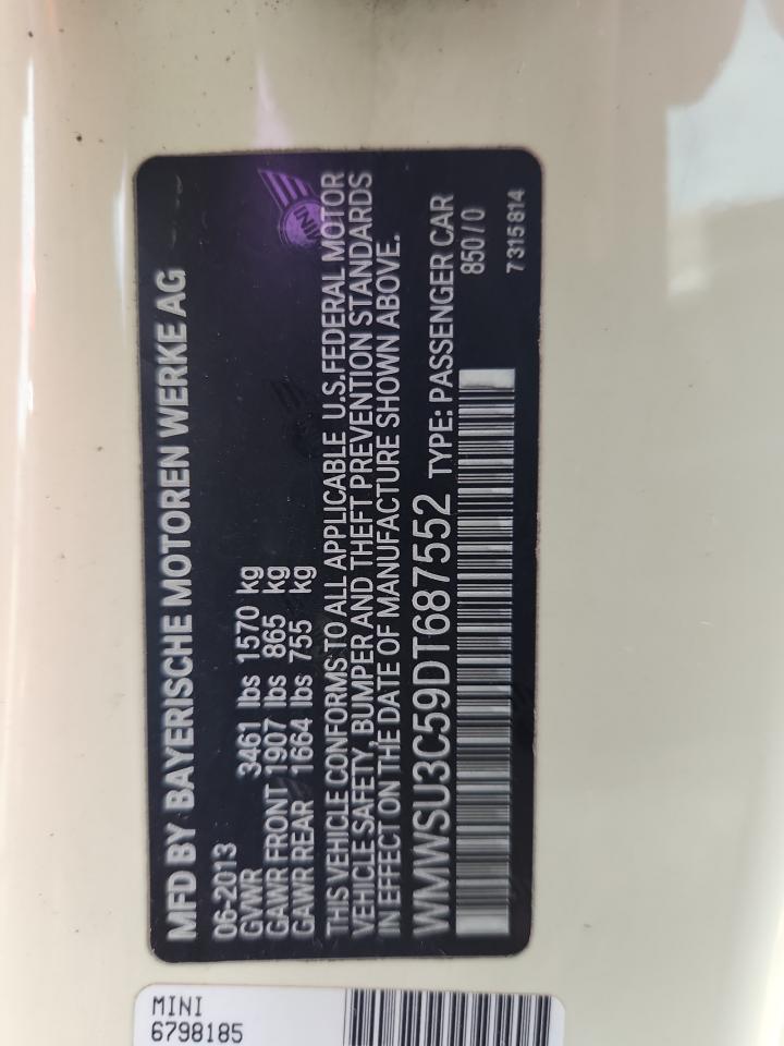 2013 Mini Cooper VIN: WMWSU3C59DT687552 Lot: 85378465