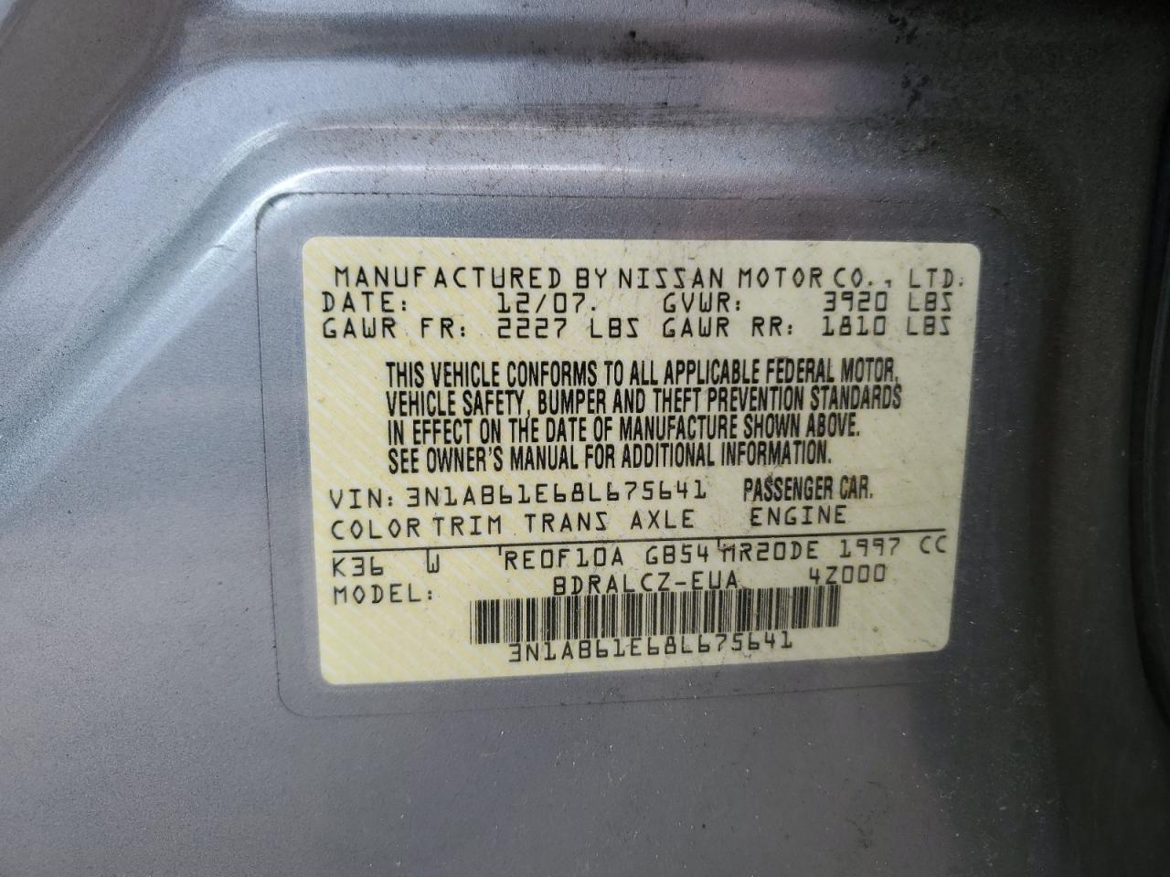 2008 Nissan Sentra 2.0 VIN: 3N1AB61E68L675641 Lot: 85777265