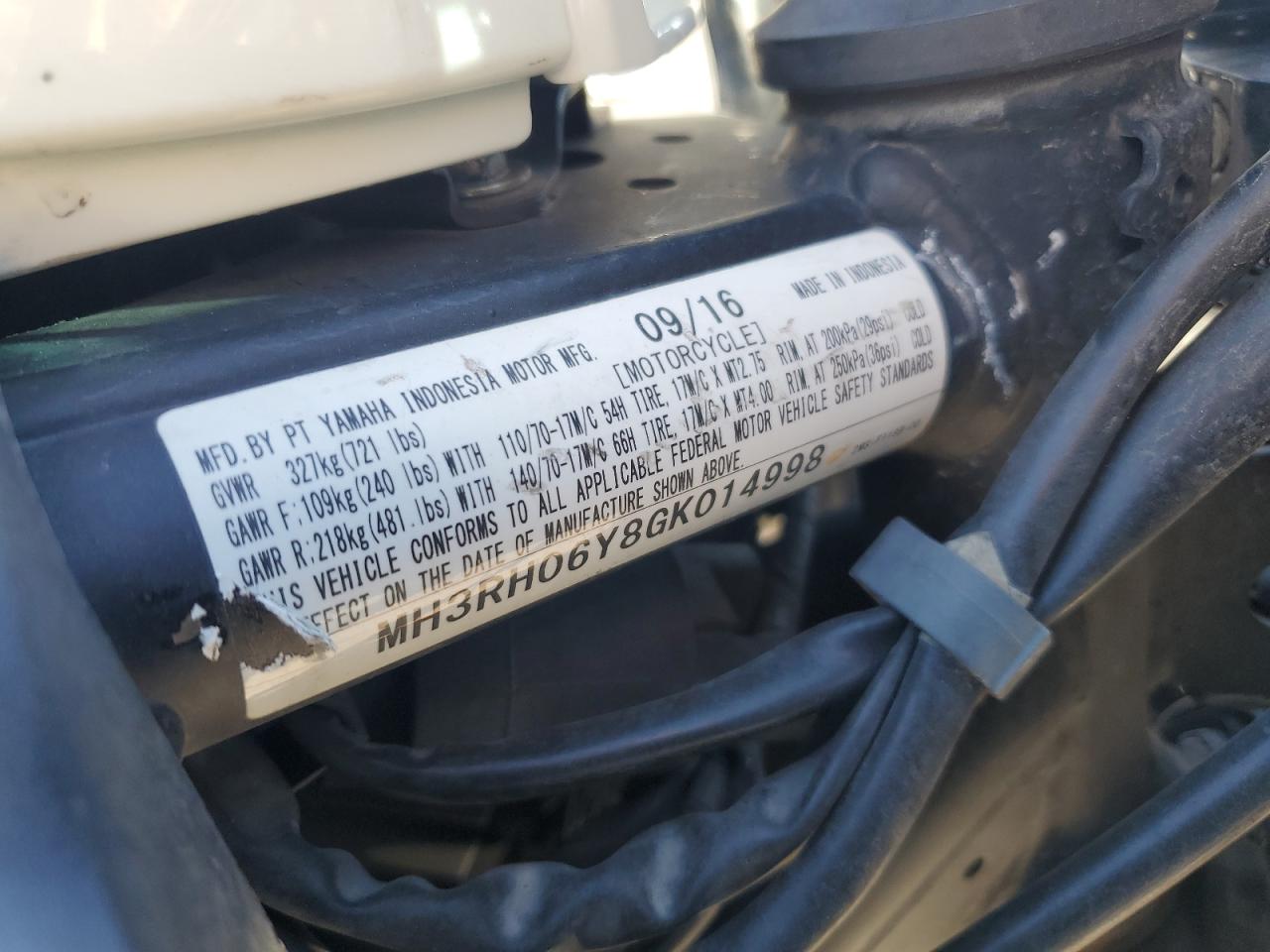 2016 Yamaha Yzfr3 VIN: MH3RH06Y8GK014998 Lot: 87468765