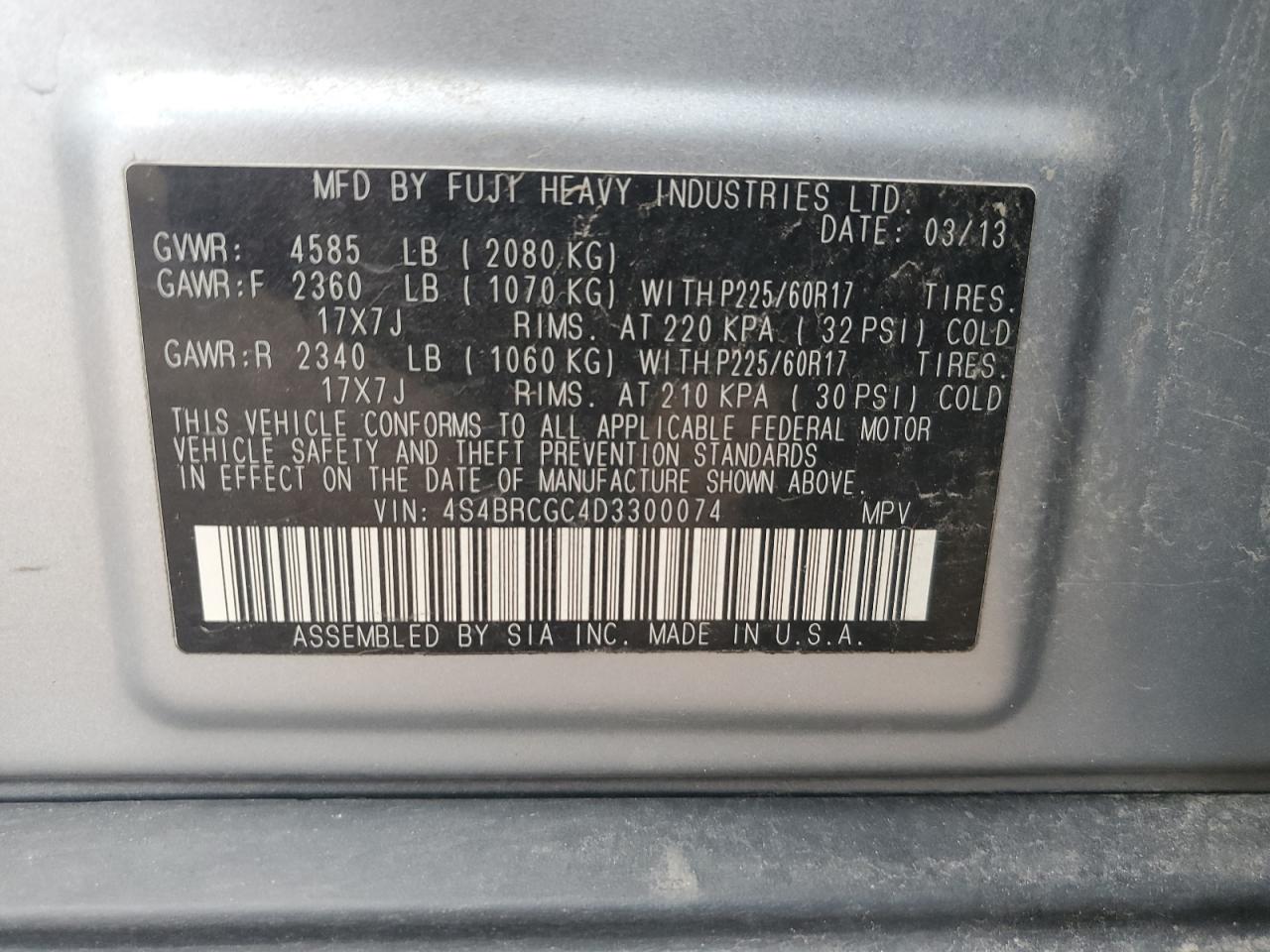 2013 Subaru Outback 2.5I Premium VIN: 4S4BRCGC4D3300074 Lot: 82002845