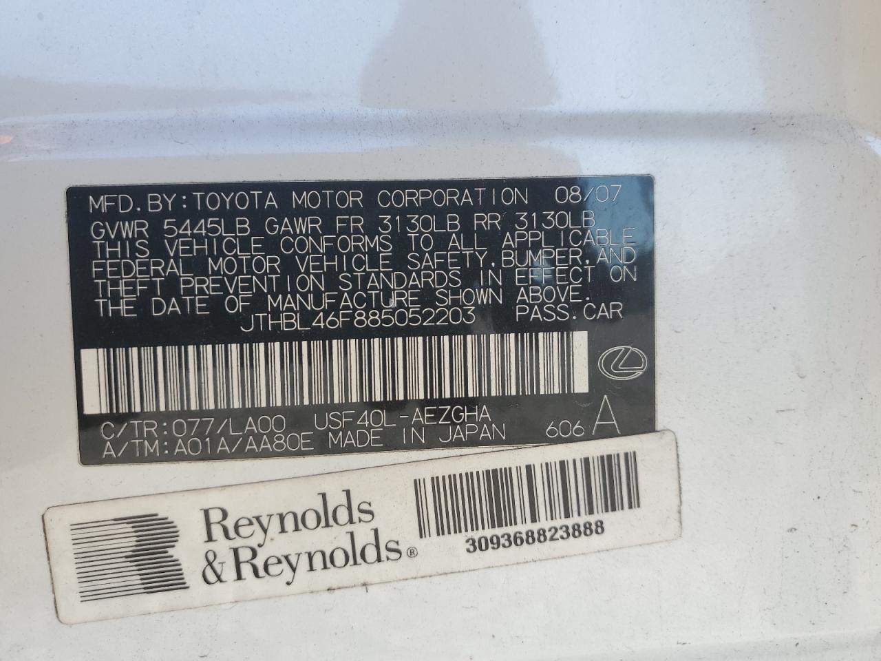 2008 Lexus Ls460 VIN: JTHBL46F885052203 Lot: 86289505