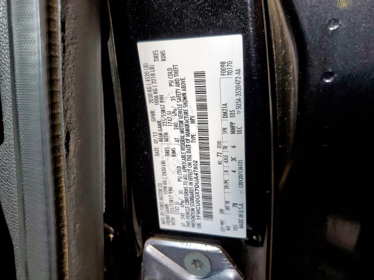 2013 Ford Escape Se VIN: 1FMCU0GX7DUA47802 Lot: 85186365