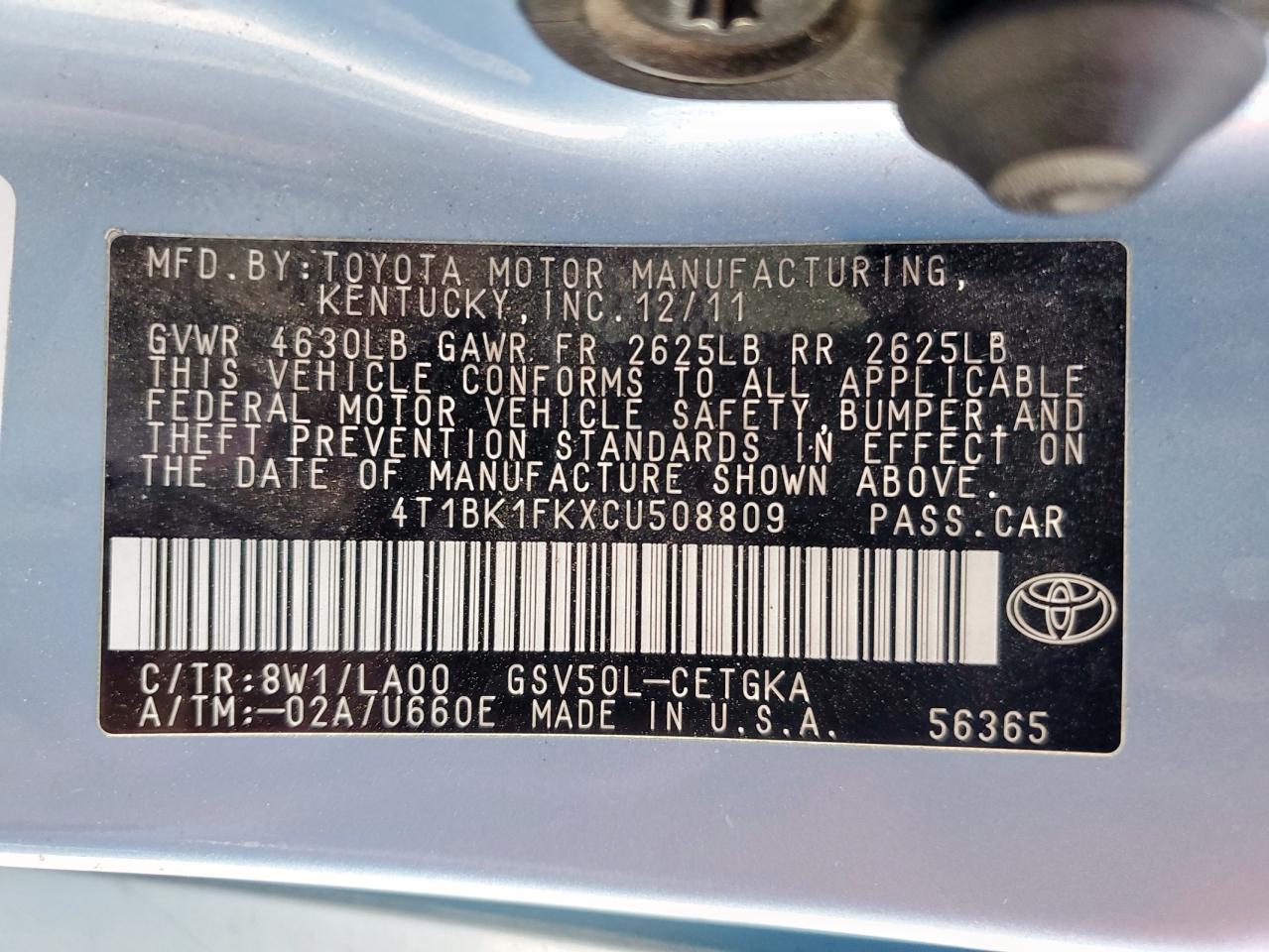 2012 Toyota Camry Se VIN: 4T1BK1FKXCU508809 Lot: 85949705