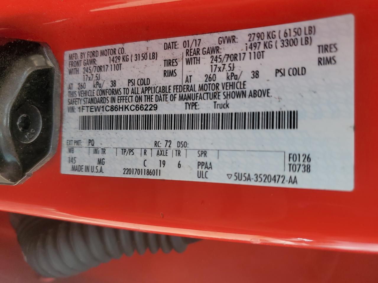 2017 Ford F150 Supercrew VIN: 1FTEW1C86HKC66229 Lot: 85694275
