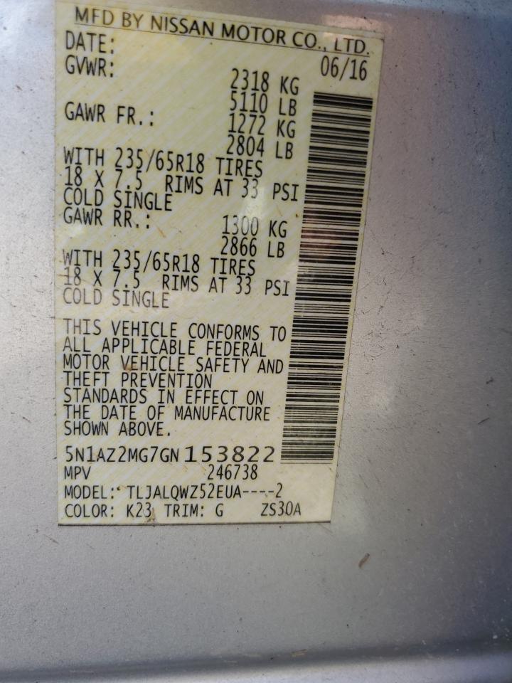 2016 Nissan Murano S VIN: 5N1AZ2MG7GN153822 Lot: 86668825