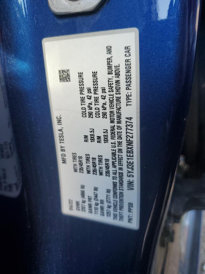 2022 Tesla Model 3 VIN: 5YJ3E1EBXNF277374 Lot: 86629255