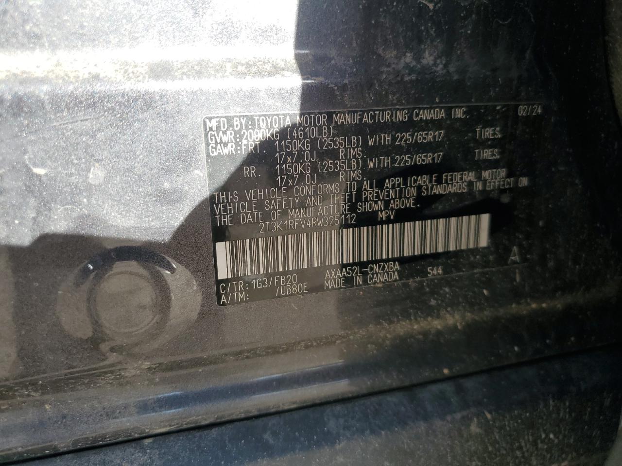 2024 Toyota Rav4 Le VIN: 2T3K1RFV4RW325112 Lot: 85927415