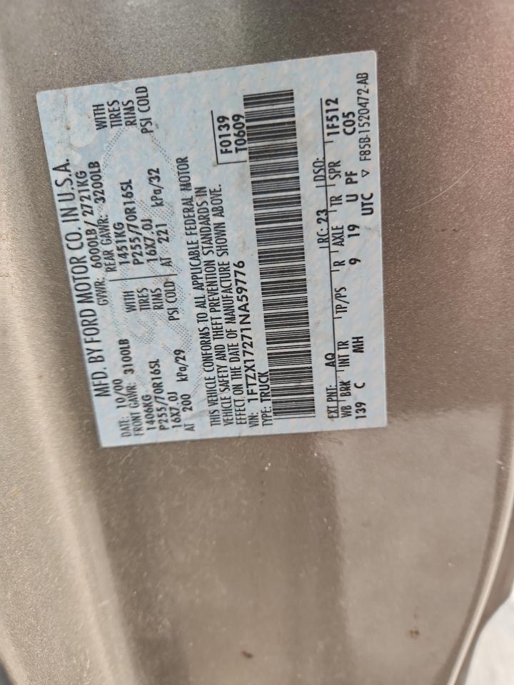 2001 Ford F150 VIN: 1FTZX17271NA59776 Lot: 87187605