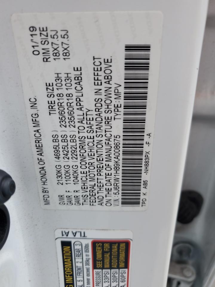 2019 Honda Cr-V Exl VIN: 5J6RW1H89KA008675 Lot: 90092245