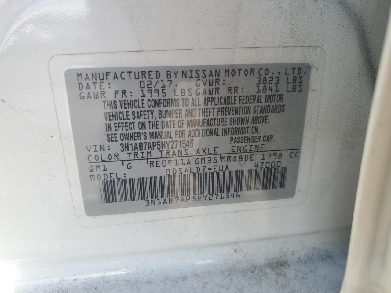 2017 Nissan Sentra S VIN: 3N1AB7AP5HY271546 Lot: 85524125