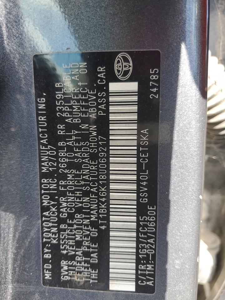 2008 Toyota Camry Le VIN: 4T1BK46K18U069217 Lot: 85513375