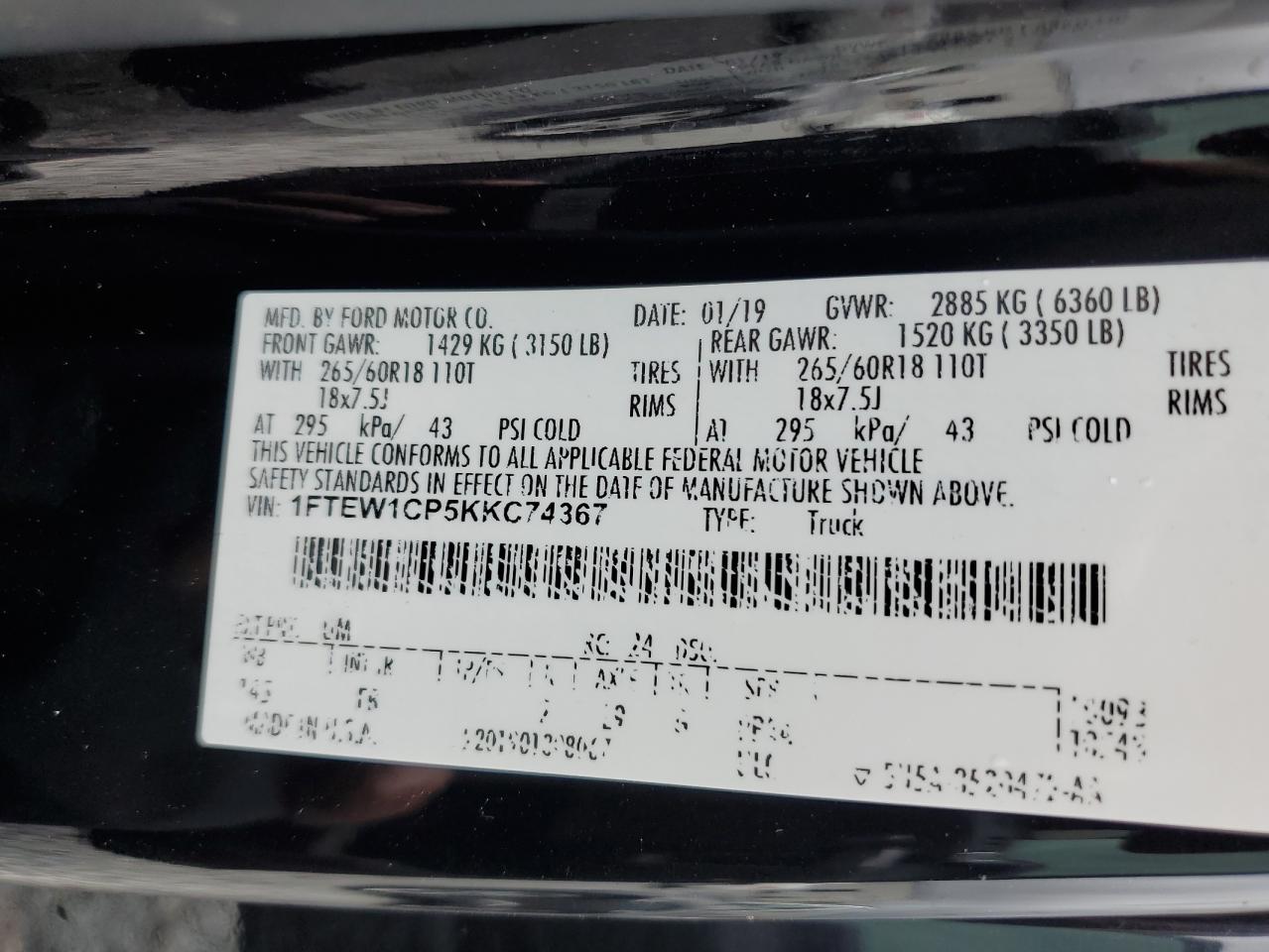 2019 Ford F150 Supercrew VIN: 1FTEW1CP5KKC74367 Lot: 85279445