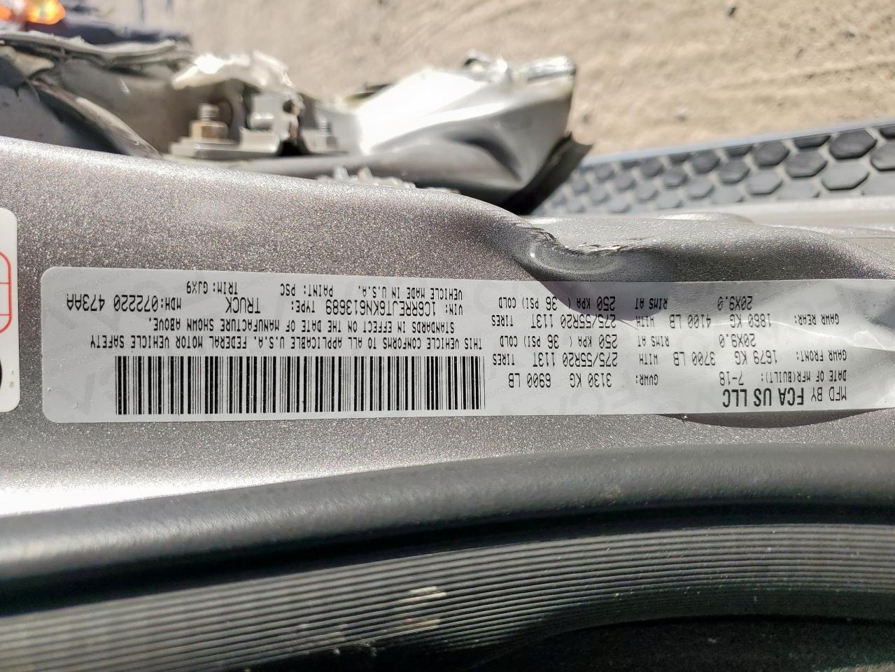 2019 Ram 1500 Laramie VIN: 1C6RREJT6KN613689 Lot: 84820645